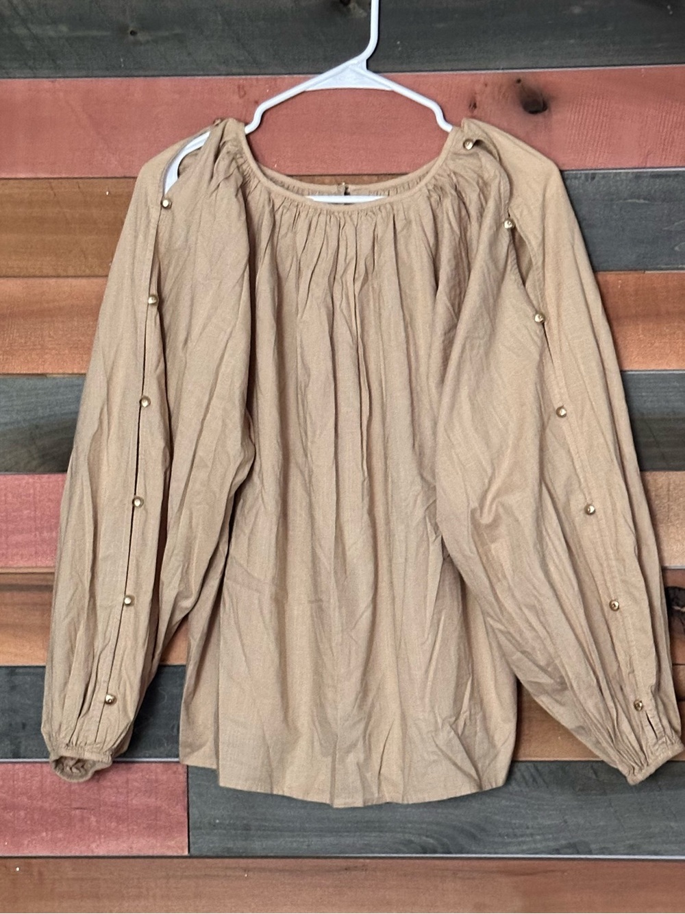 Loft Tan Gold Button Balloon Sleeve Blouse Quiet Luxury Boho - Picture 3 of 4